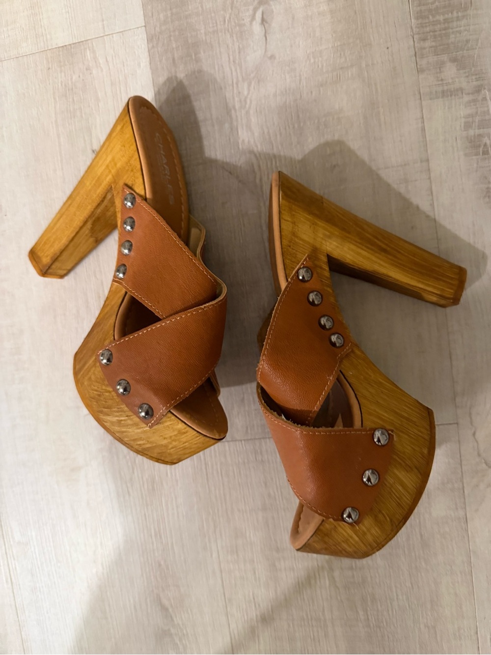 Charles By Charles David Tan Brown Studded Platform Mule Heels